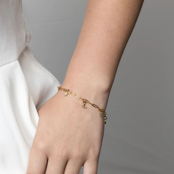 Moon Star Charm Bracelet – 18K Gold, Celestial Paperclip Chain