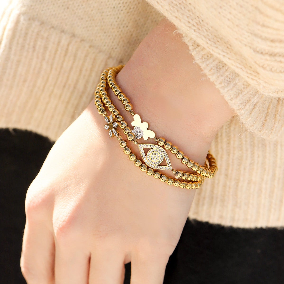 Evil Eye Beaded Stretch Bracelet – 18K Gold, Waterproof
