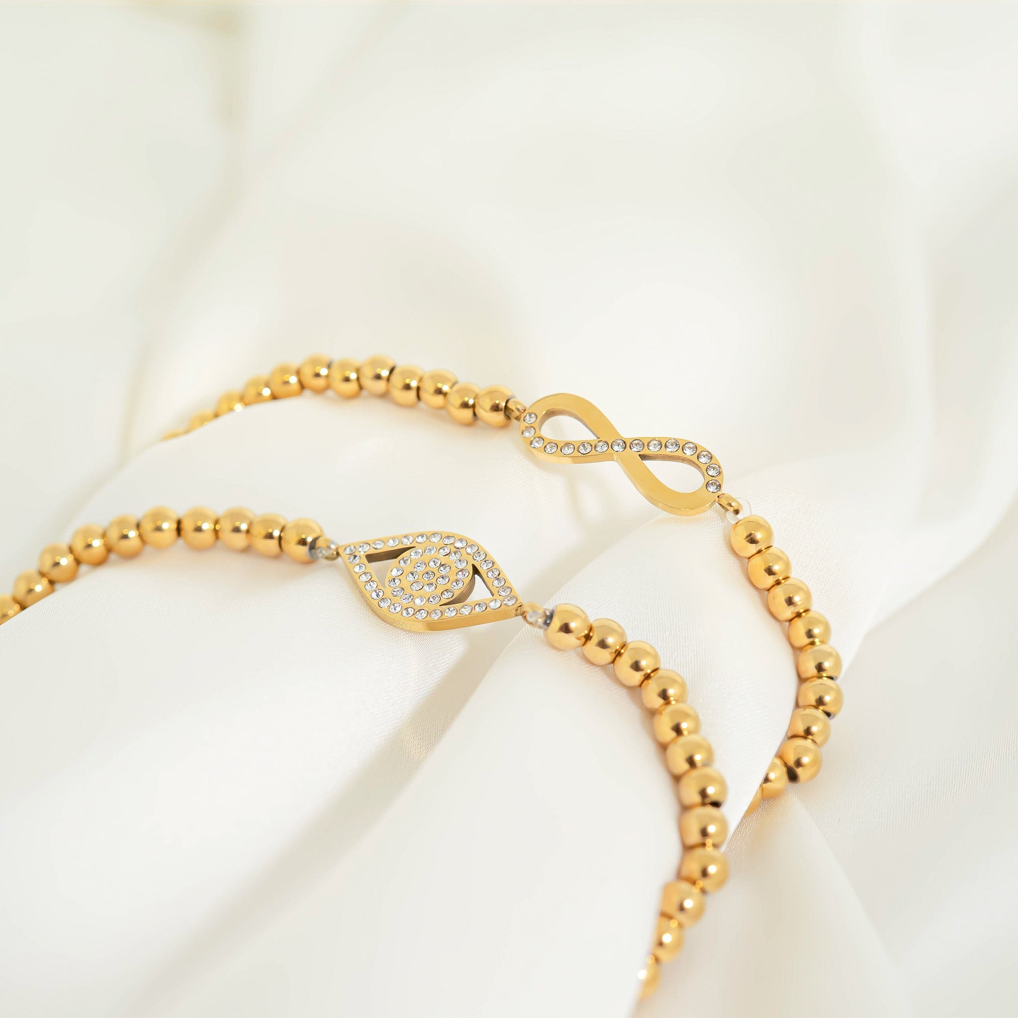 Evil Eye Beaded Stretch Bracelet – 18K Gold, Waterproof