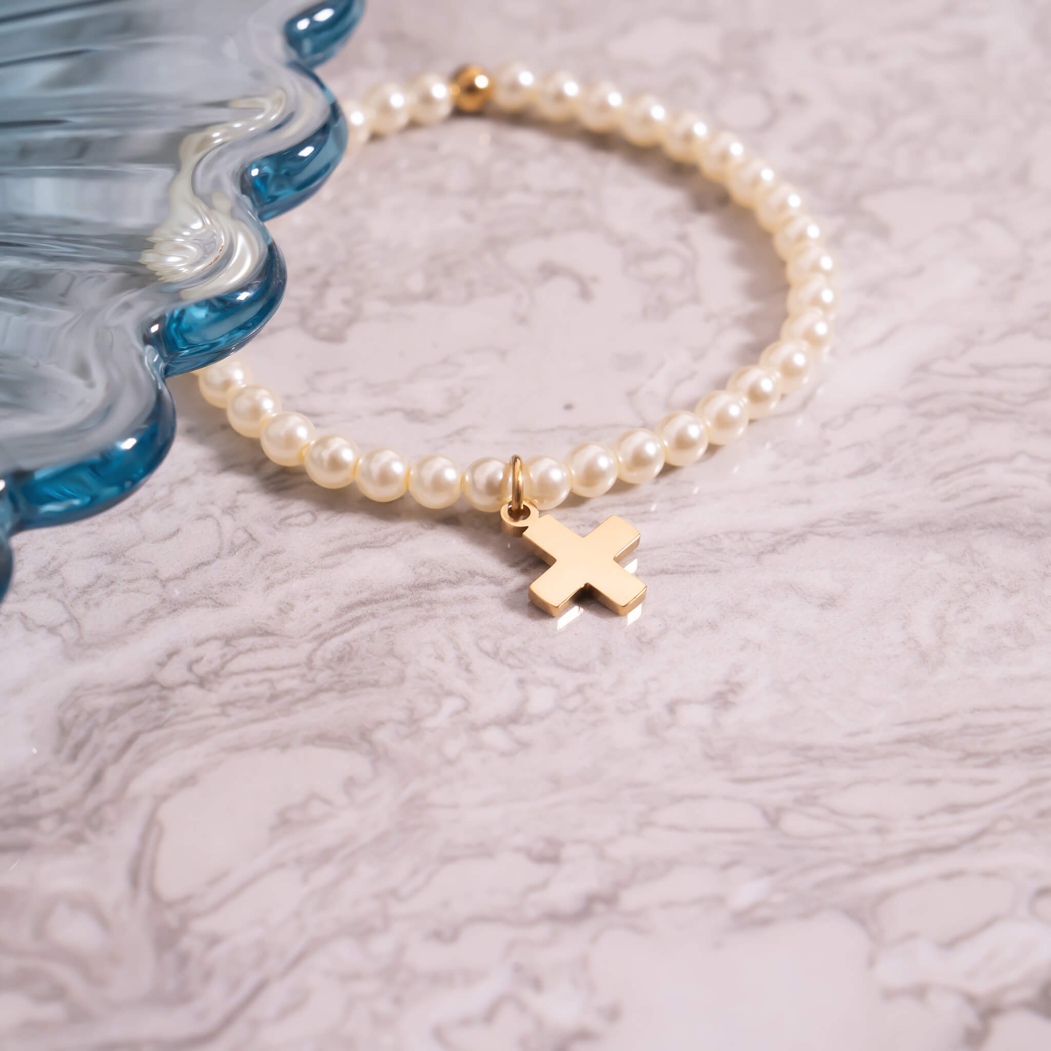 Kids Pearl Cross Bracelet – 18K Gold, Baptism Gift