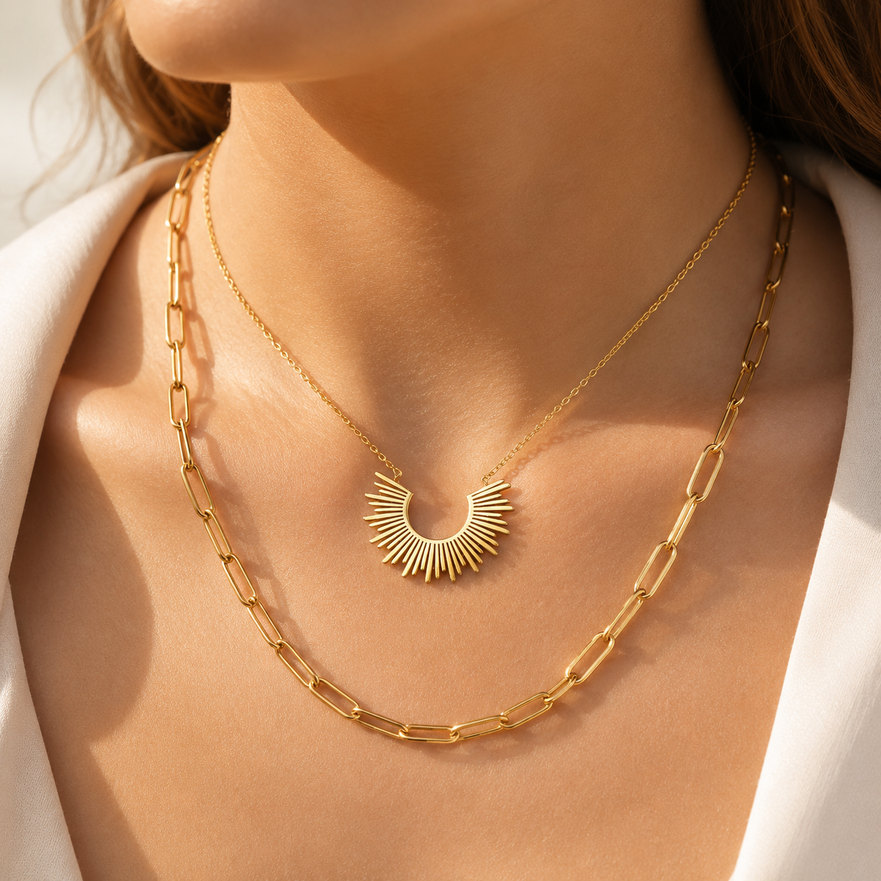 Sun Charm Layered Necklace – 18K Gold Paperclip Chain, Waterproof
