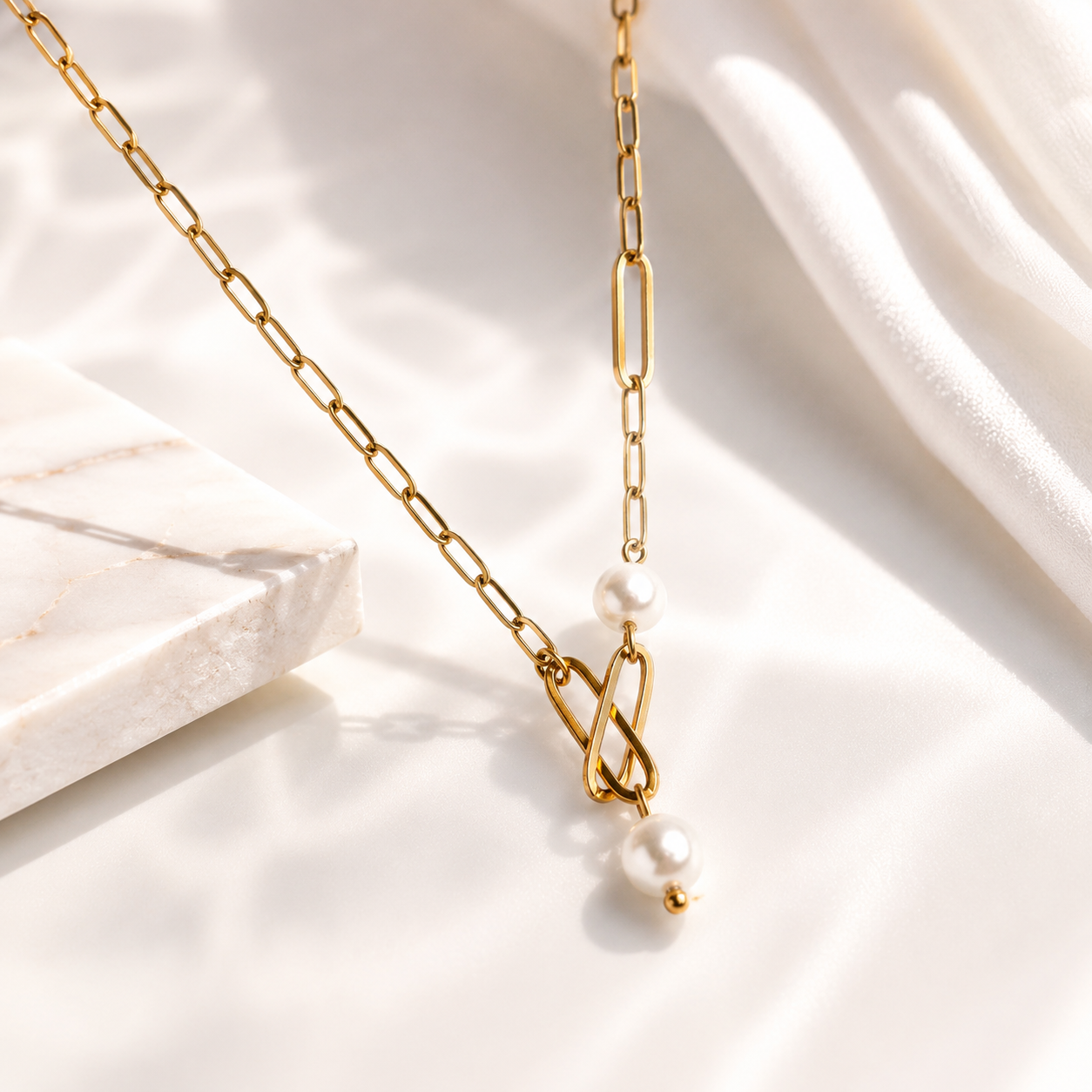 Pearl Y Lariat Necklace – 18K Gold Paperclip Chain, Waterproof