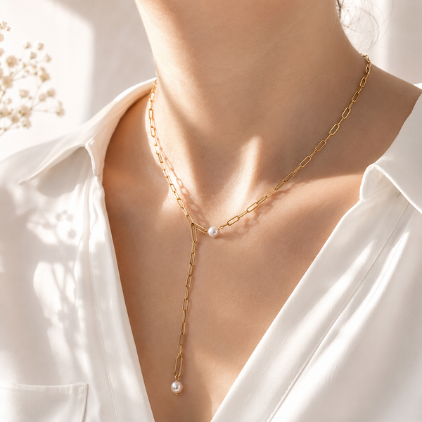 Pearl Y Lariat Necklace – 18K Gold Paperclip Chain, Waterproof