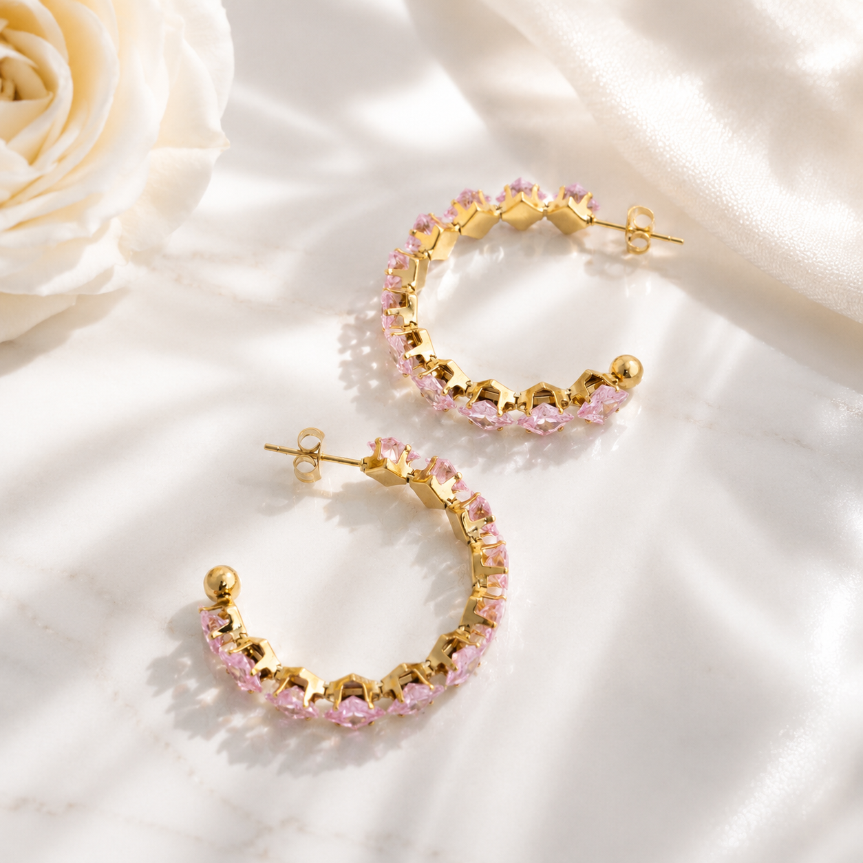 Pink Stone Hoop Earrings – 18K Gold, Hypoallergenic