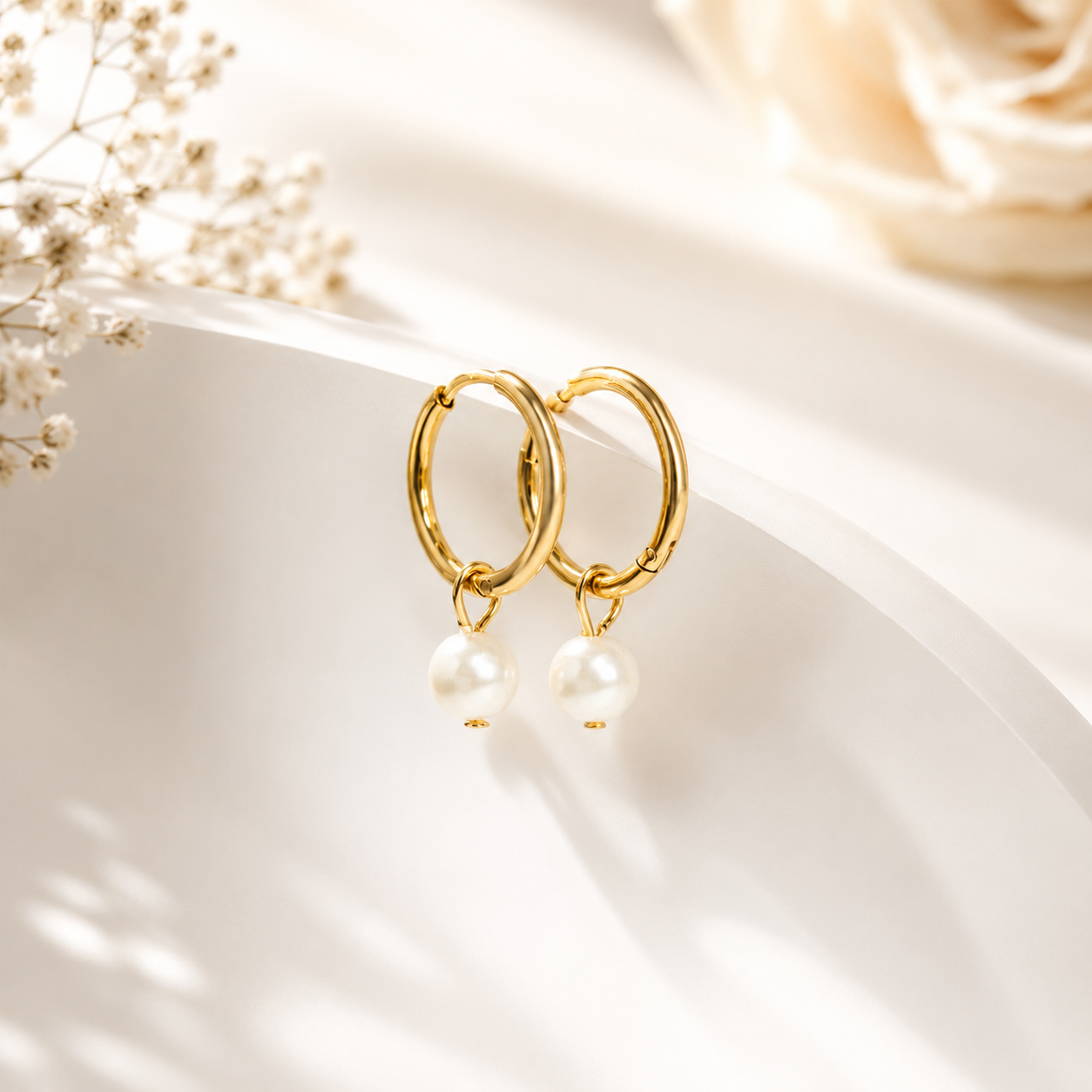 Pearl Huggie Hoop Earrings – 18K Gold, Waterproof, Hypoallergenic