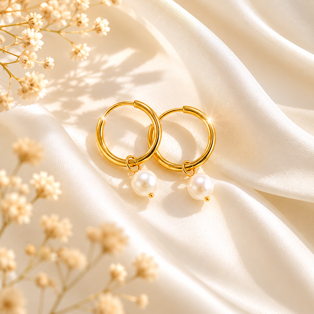Pearl Huggie Hoop Earrings – 18K Gold, Waterproof, Hypoallergenic
