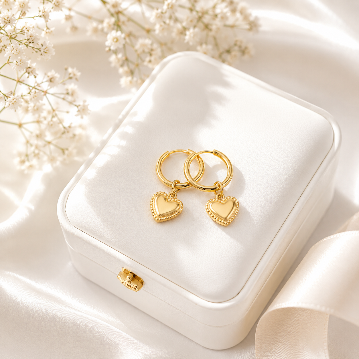 Heart Charm Huggie Hoops – 18K Gold, Tarnish Resistant