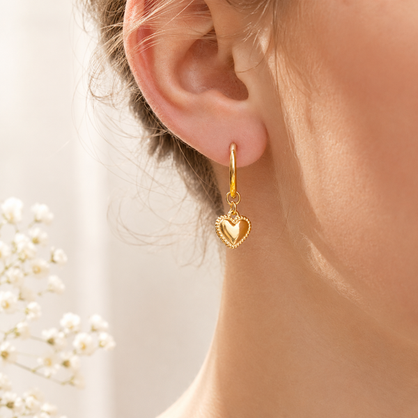 Heart Charm Huggie Hoops – 18K Gold, Tarnish Resistant