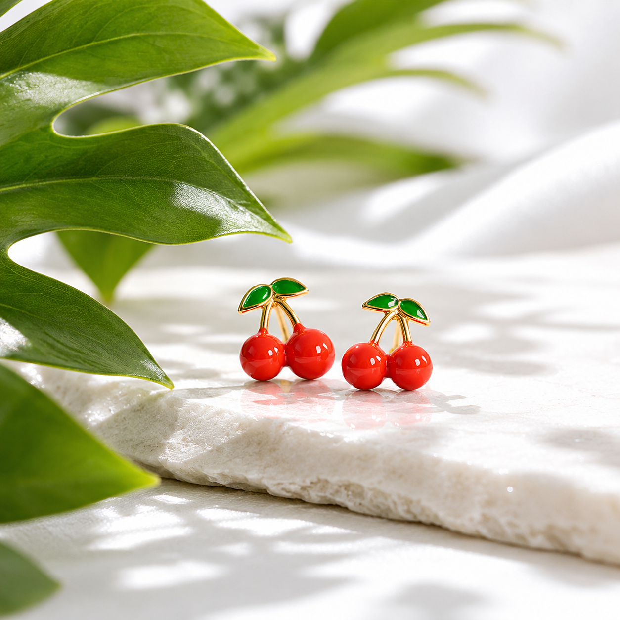 Enamel Cherry Stud Earrings – 18K Gold, Waterproof