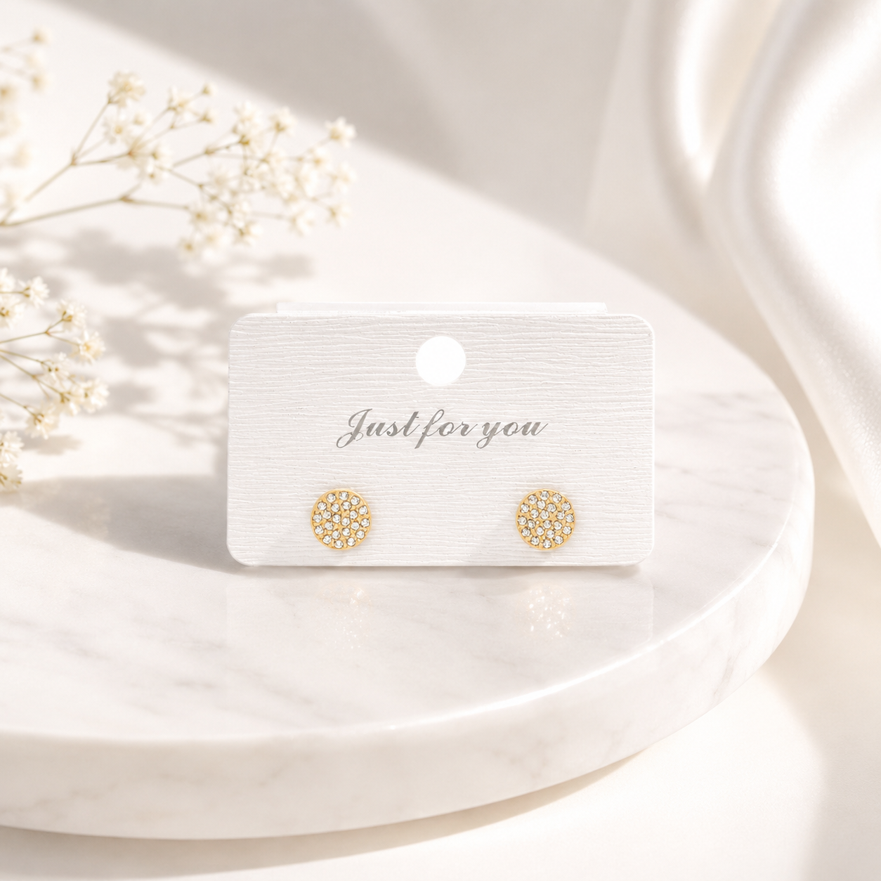 Pavé Round Stud Earrings – 18K Gold, Waterproof, Hypoallergenic