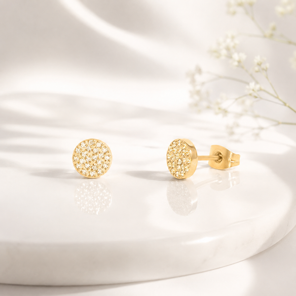 Pavé Round Stud Earrings – 18K Gold, Waterproof, Hypoallergenic