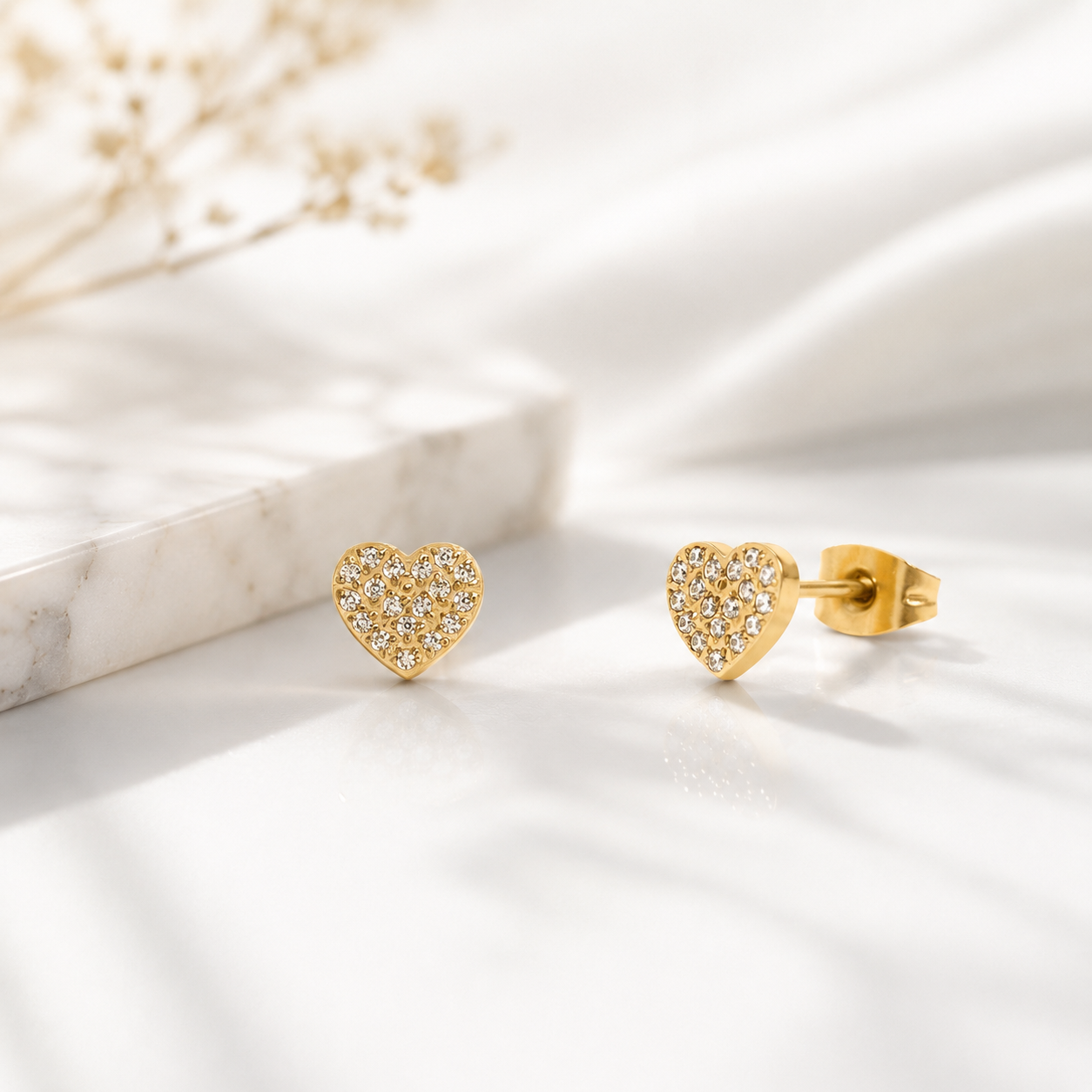 Pave CZ Heart Stud Earrings – 18K Gold, Waterproof