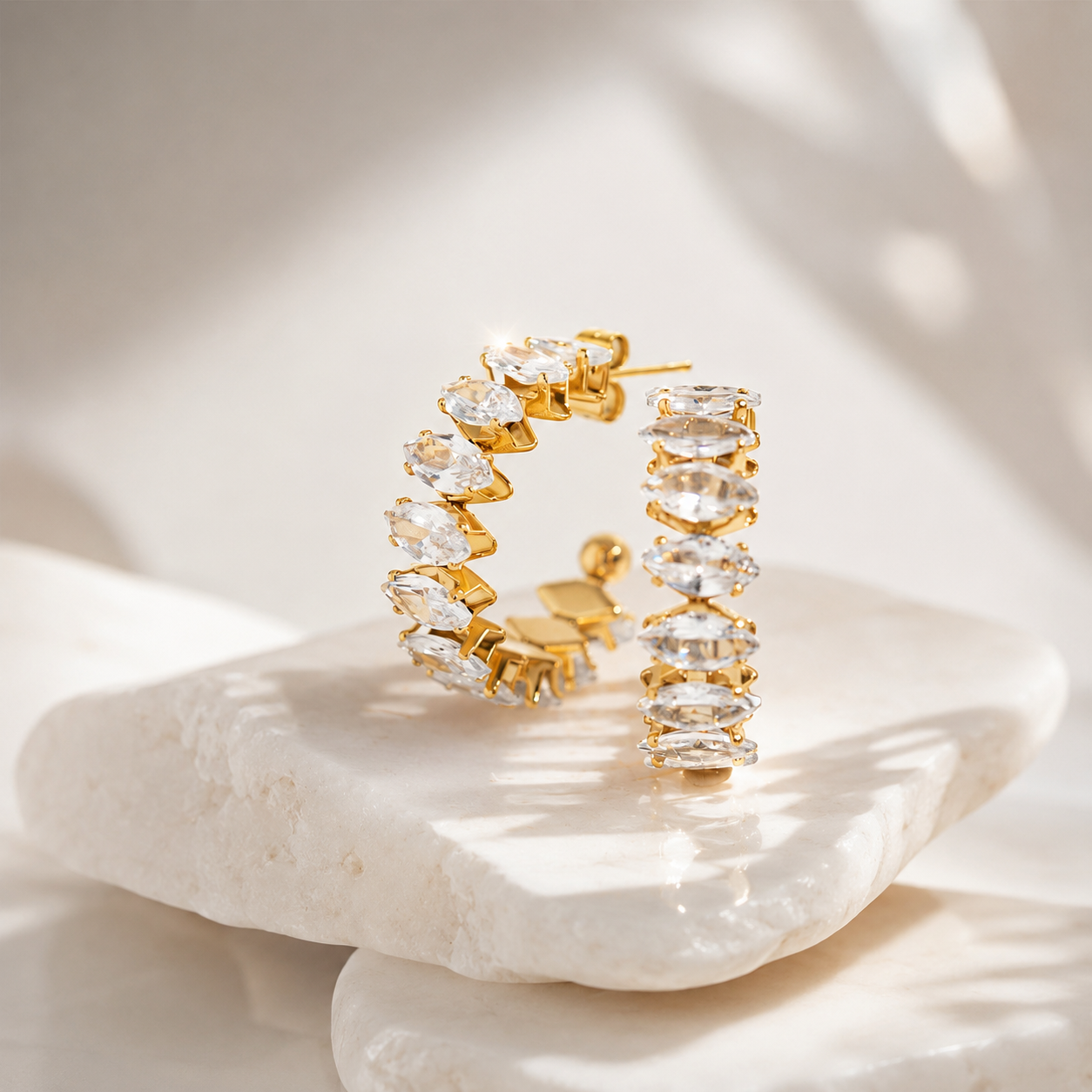 Marquise CZ Hoop Earrings – 18K Gold, Waterproof, Celestial
