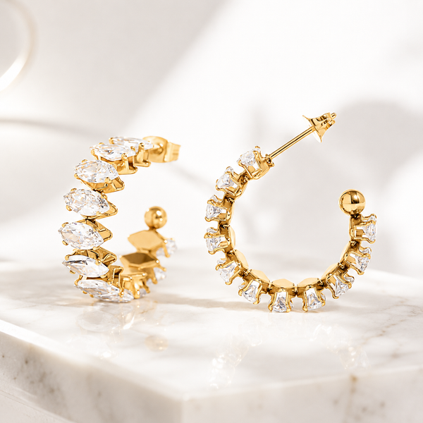Marquise CZ Hoop Earrings – 18K Gold, Waterproof, Celestial