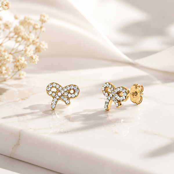 Bow Stud Earrings – 18K Gold, CZ Stones, Waterproof
