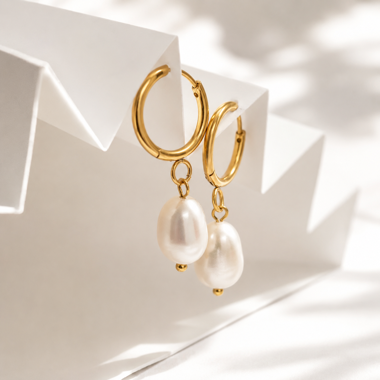 Freshwater Pearl Huggie Hoop Earrings – 18K Gold, Waterproof