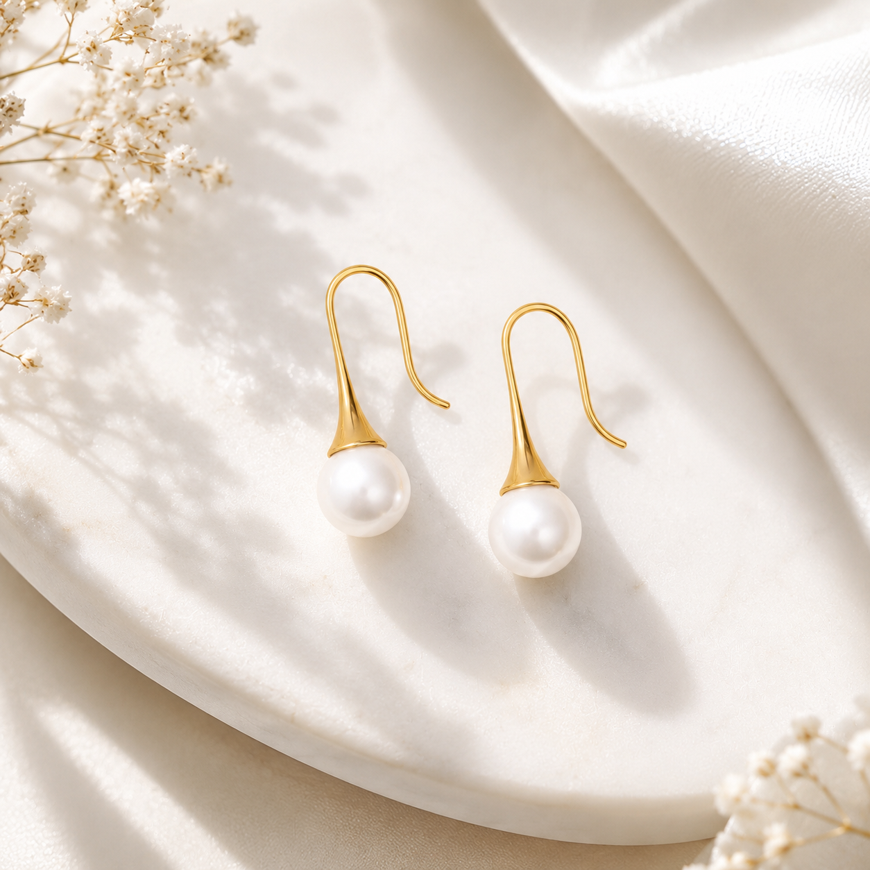 Large Pearl Drop Earrings – 18K Gold, Waterproof, Hypoallergenic