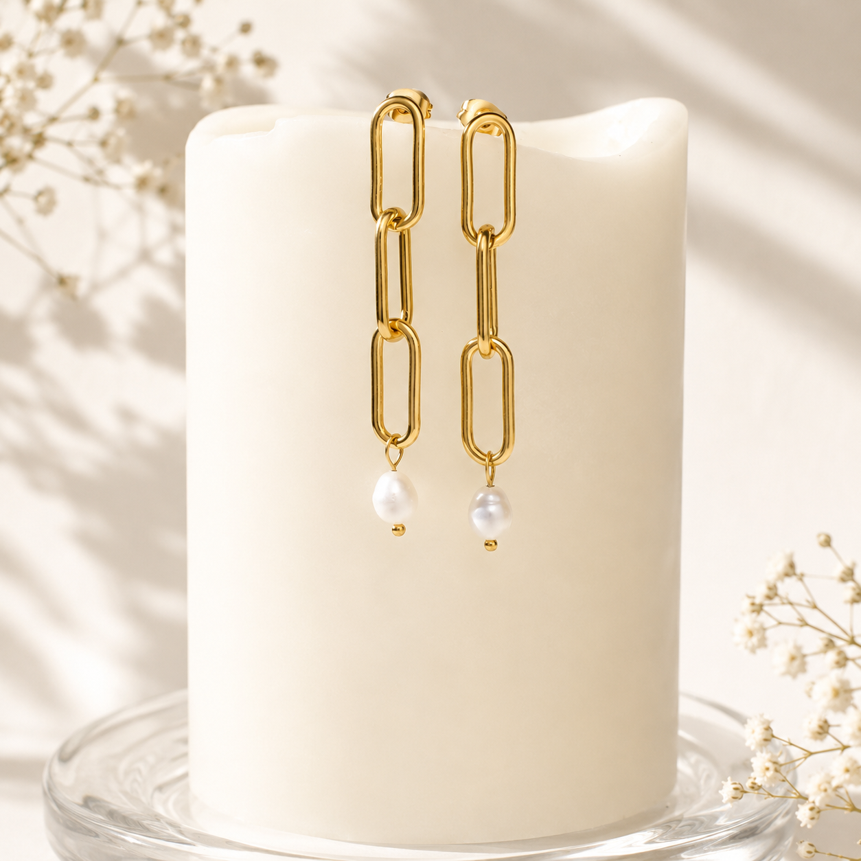Pearl Drop Earrings – 18K Gold Paperclip, Waterproof