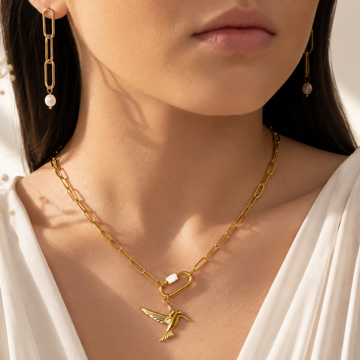 Pearl Drop Earrings – 18K Gold Paperclip, Waterproof