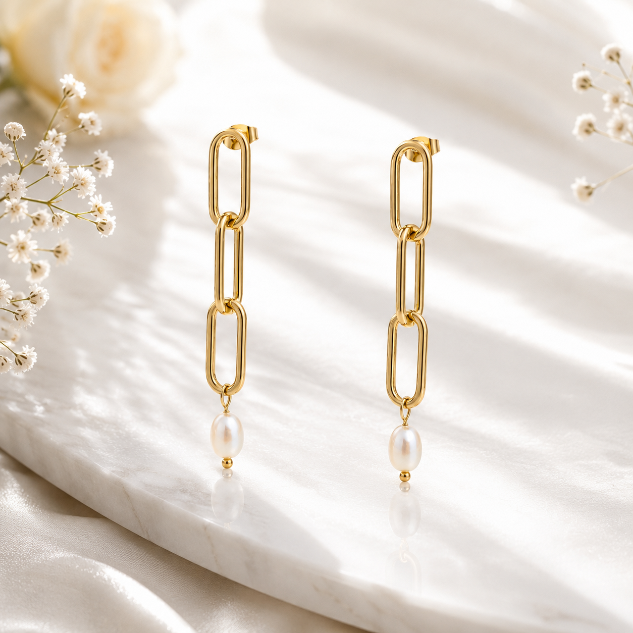 Pearl Drop Earrings – 18K Gold Paperclip, Waterproof