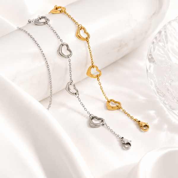 Heart Station Bracelet – 18K Gold, Dainty Chain