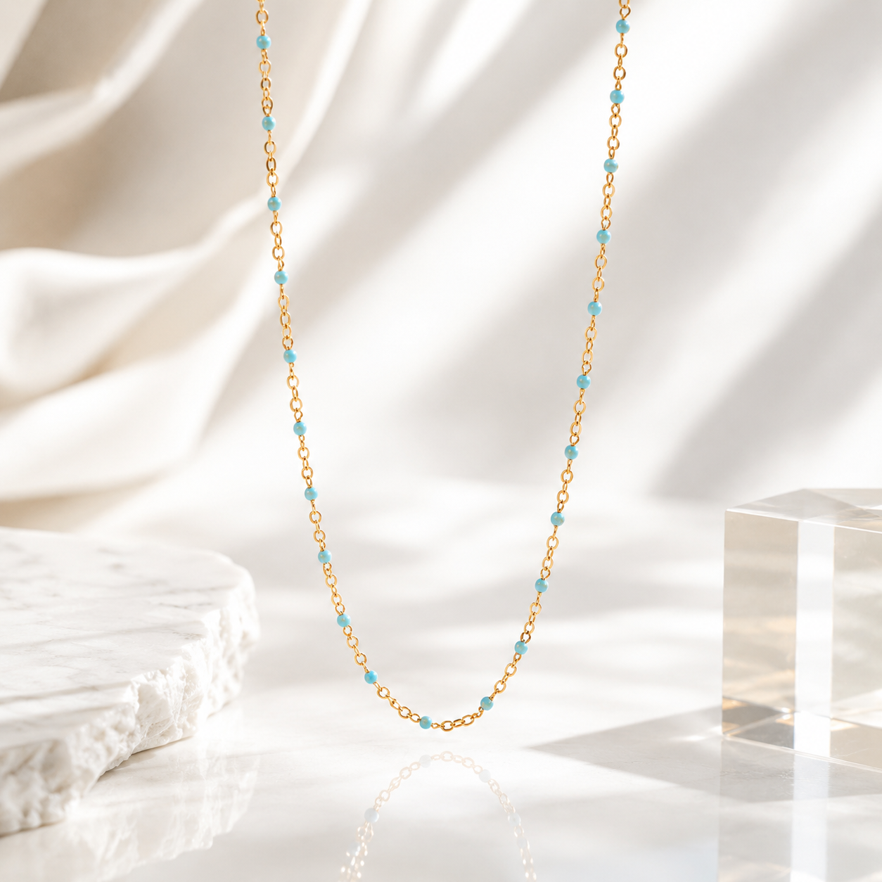 Turquoise Bead Necklace – 18K Gold, Dainty Boho, Waterproof