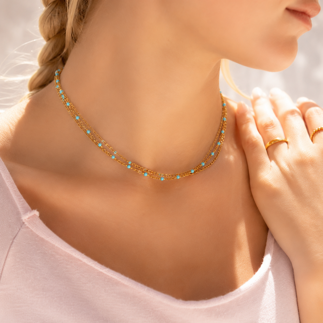 Turquoise Bead Necklace – 18K Gold, Dainty Boho, Waterproof