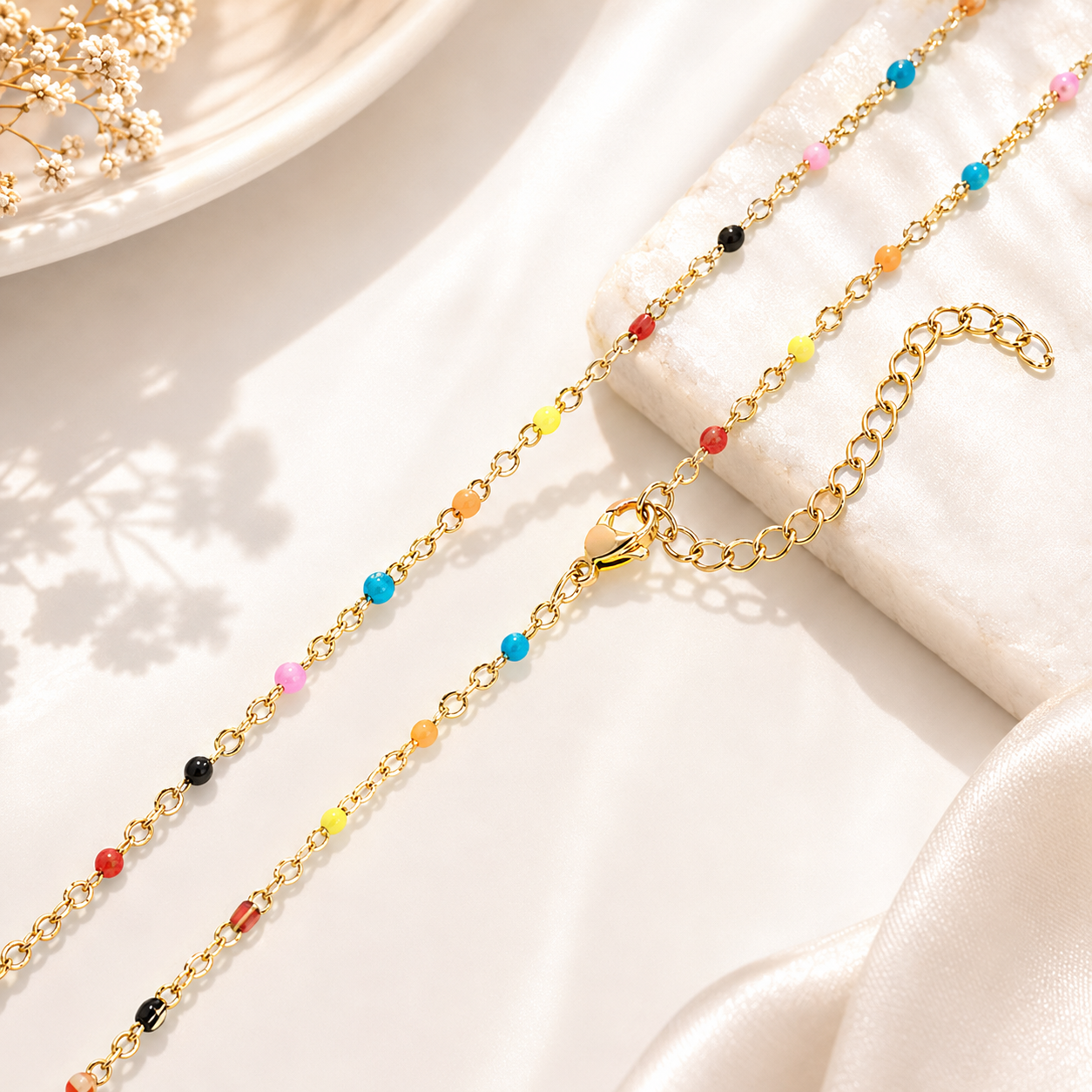 Colorful Confetti Enamel Necklace – 18K Gold, Layering, Waterproof