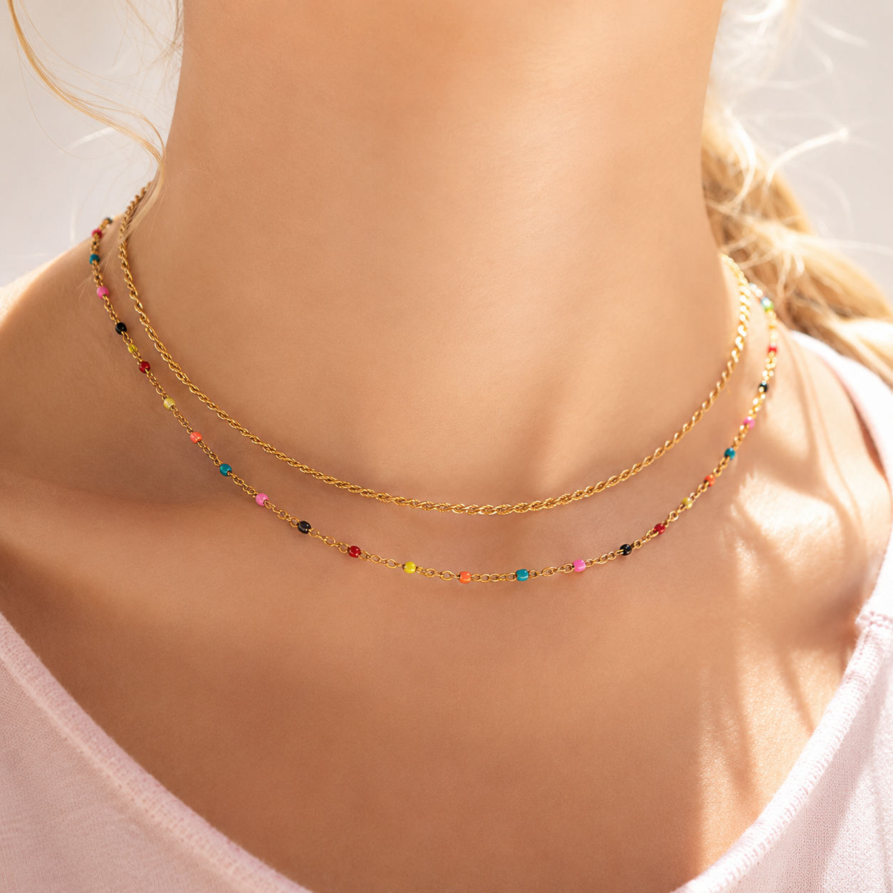 Colorful Confetti Enamel Necklace – 18K Gold, Layering, Waterproof