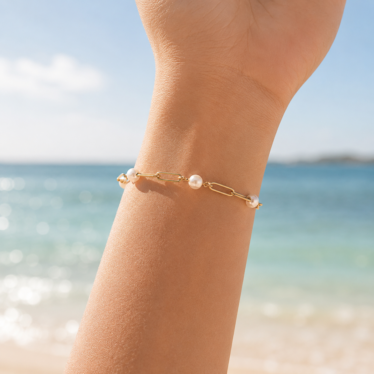 Pearl Paperclip Bracelet – 18K Gold, Minimalist, Dainty