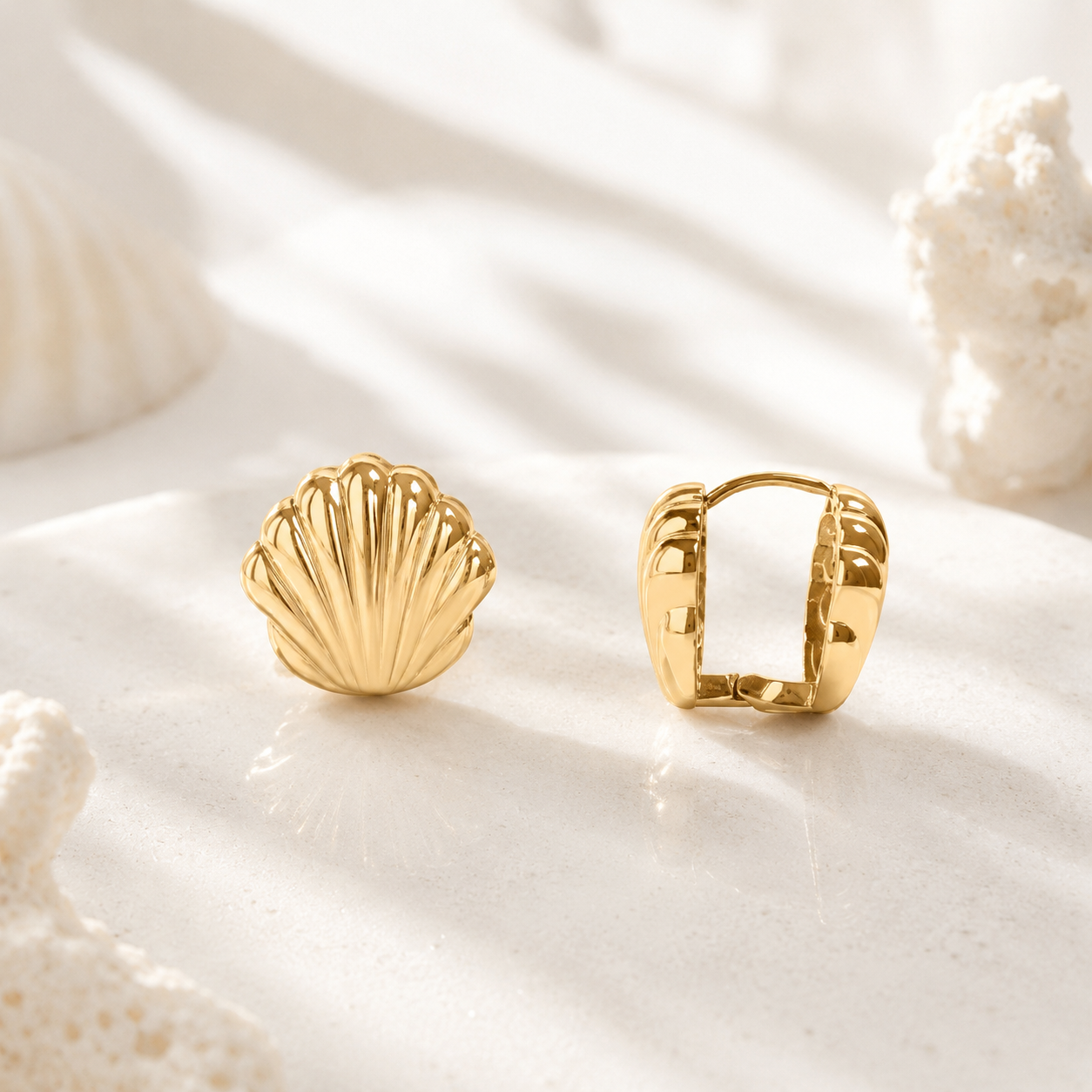 Shell Huggie Earrings – 18K Gold, Coastal, Waterproof
