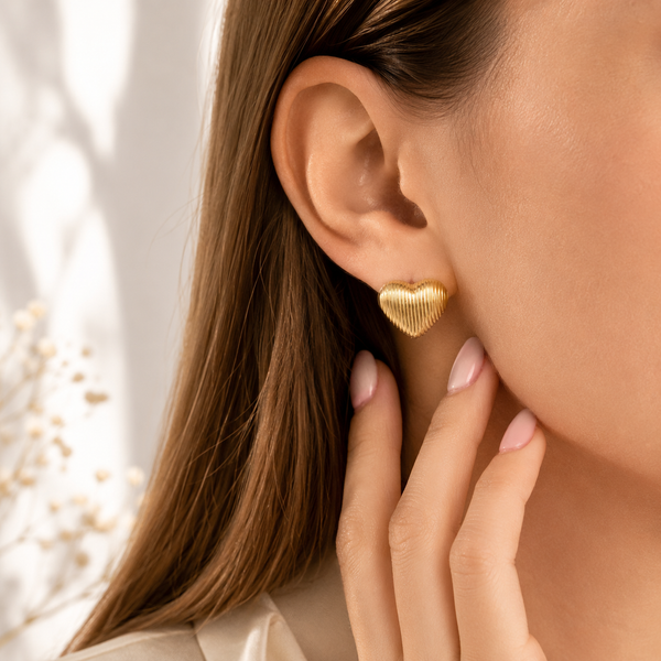 Textured Heart Huggie Earrings – 18K Gold, Romantic, Daily Wear