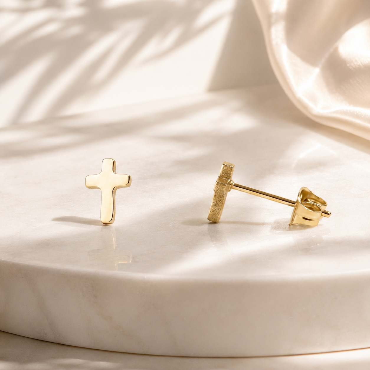 Cross Stud Earrings – 18K Gold, Minimalist 5mm