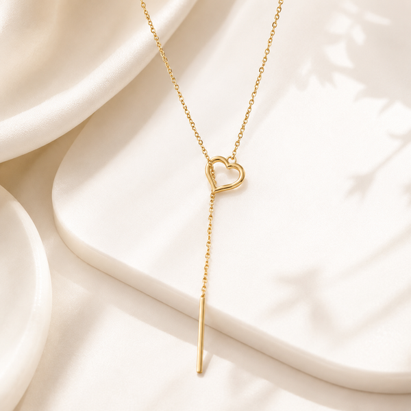 Heart Lariat Necklace – 18K Gold, Minimalist Y Chain, Waterproof