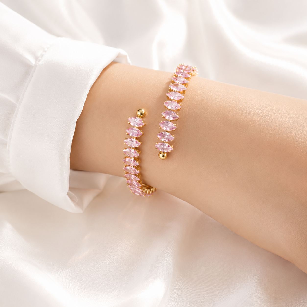 Pink Stone Wrap Bracelet – 18K Gold, Layered, Dainty