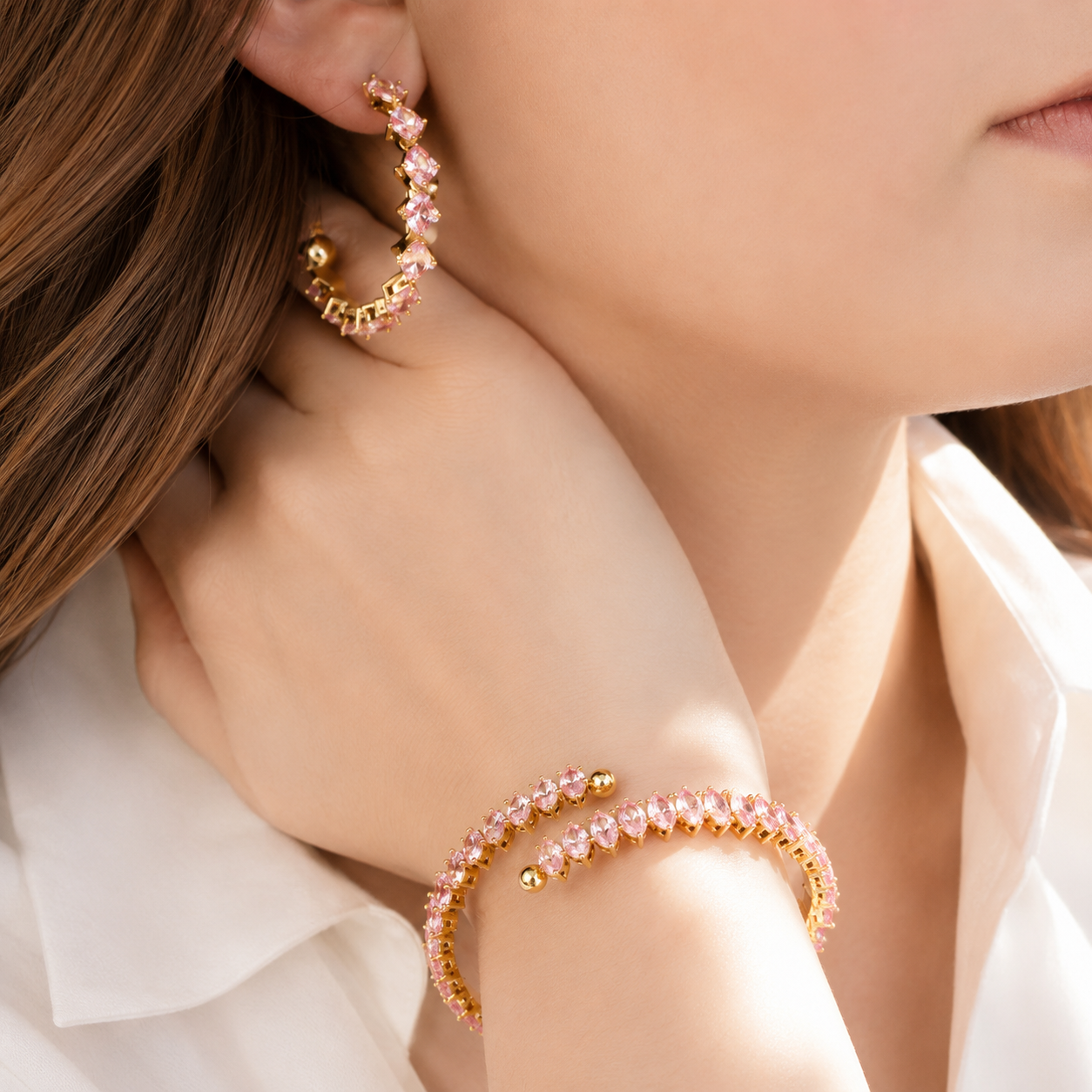 Pink Stone Wrap Bracelet – 18K Gold, Layered, Dainty