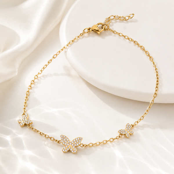 Butterfly Bracelet – 18K Gold, CZ Stone, Adjustable, Waterproof