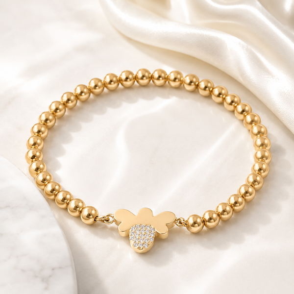 Heart Charm Beaded Bracelet – 18K Gold, Minimalist Dainty