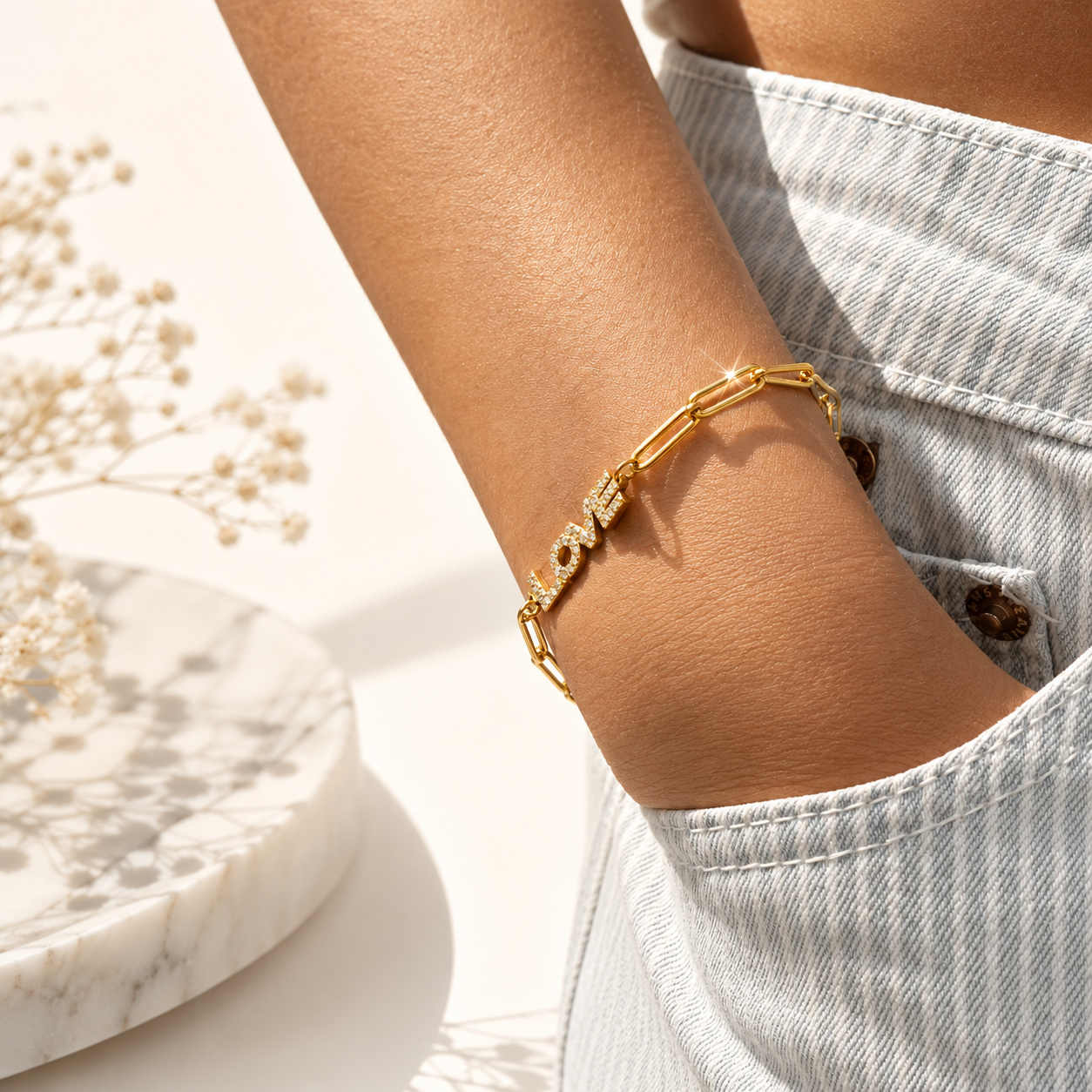 CZ Love Paperclip Chain Bracelet – 18K Gold, Waterproof
