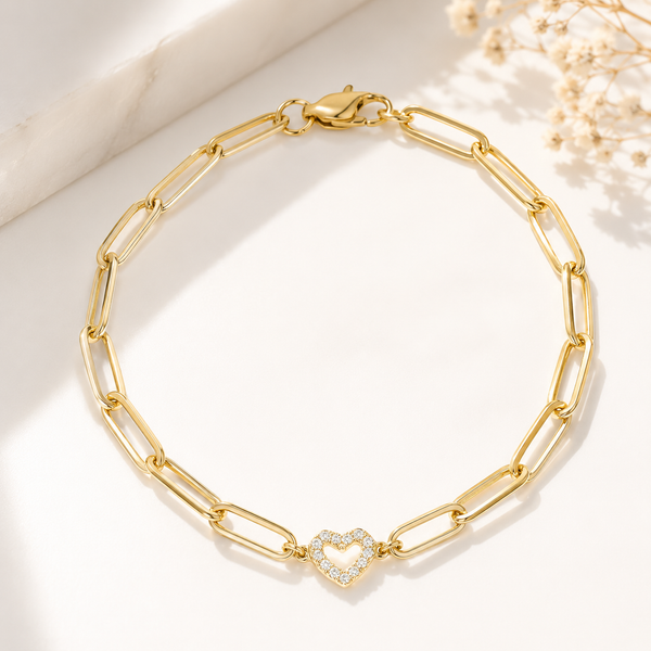 Stone Heart Paperclip Chain Bracelet – 18K Gold, Minimal