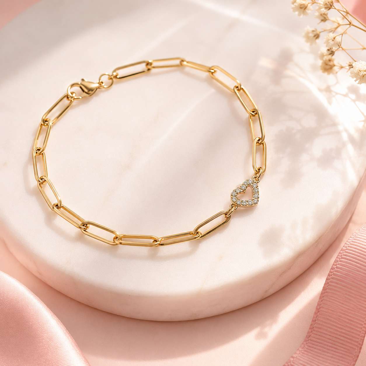 Stone Heart Paperclip Chain Bracelet – 18K Gold, Minimal