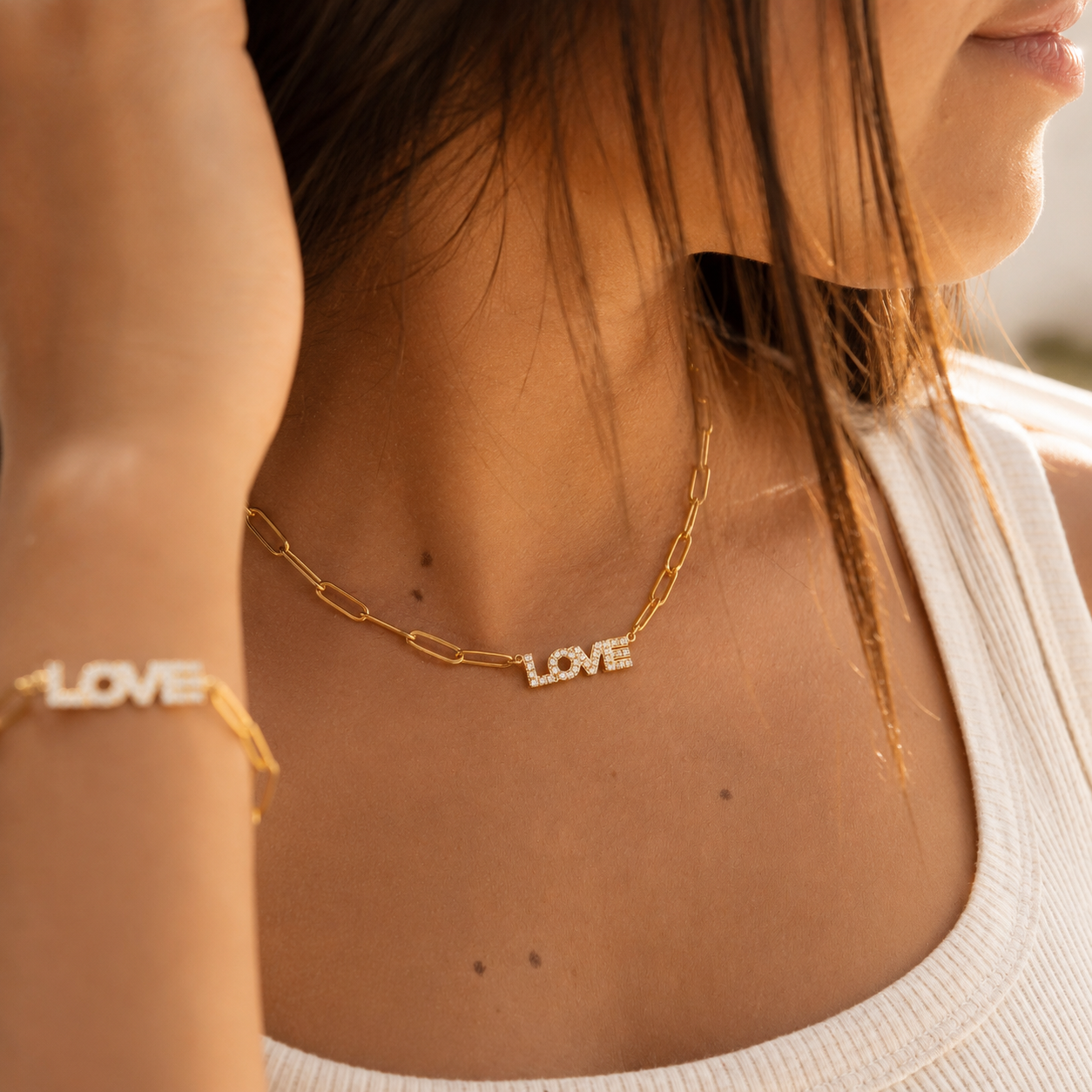 CZ Pave Love Pendant Necklace – 18K Gold Paperclip Chain