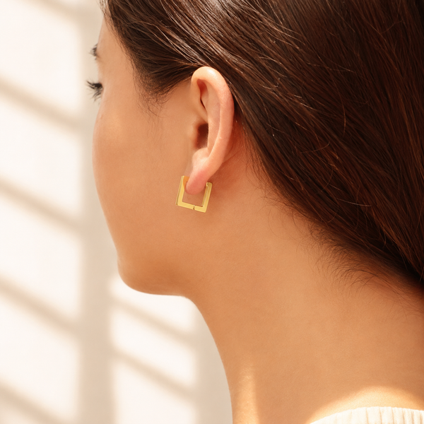 Square Huggie Hoop Earrings – 18K Gold, Geometric, Waterproof