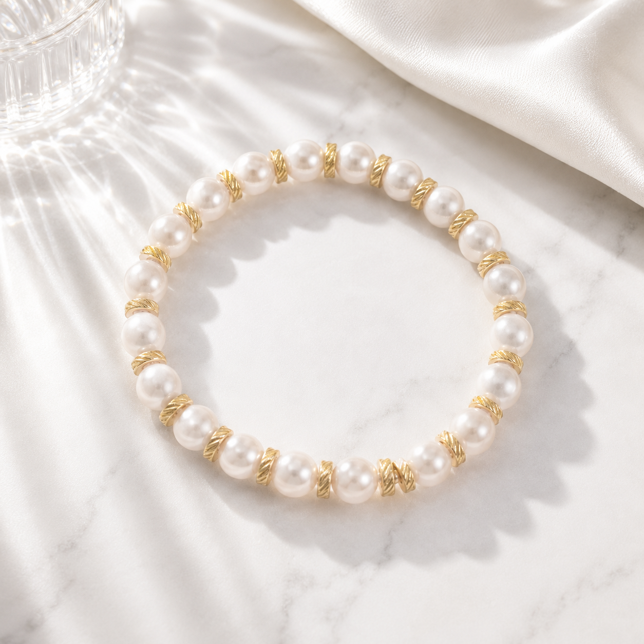 Kiska Glass Pearl Bracelet – 18K Gold, Textured Spacers, Waterproof