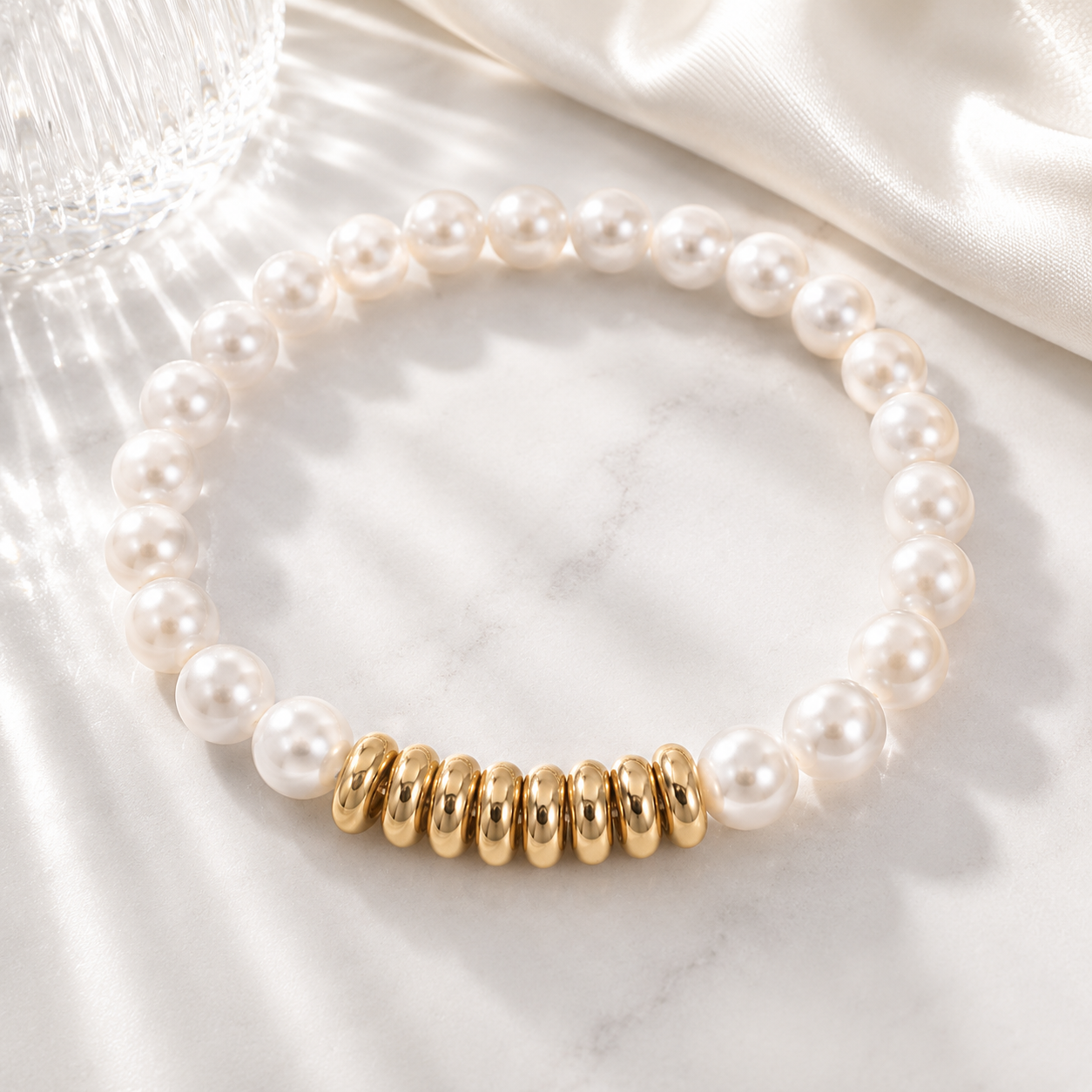 Glass Pearl Bracelet – 18K Gold Spacers, 8mm, Waterproof