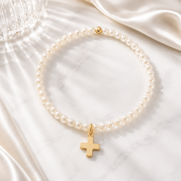 Kids Pearl Cross Bracelet – 18K Gold, Baptism Gift