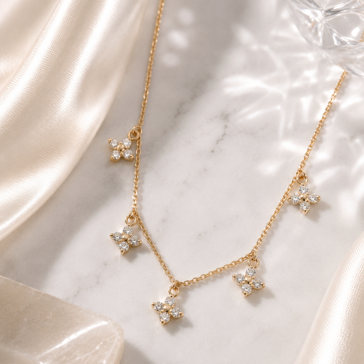 Floral CZ Pendant Necklace – 18K Gold, Sparkling, Waterproof