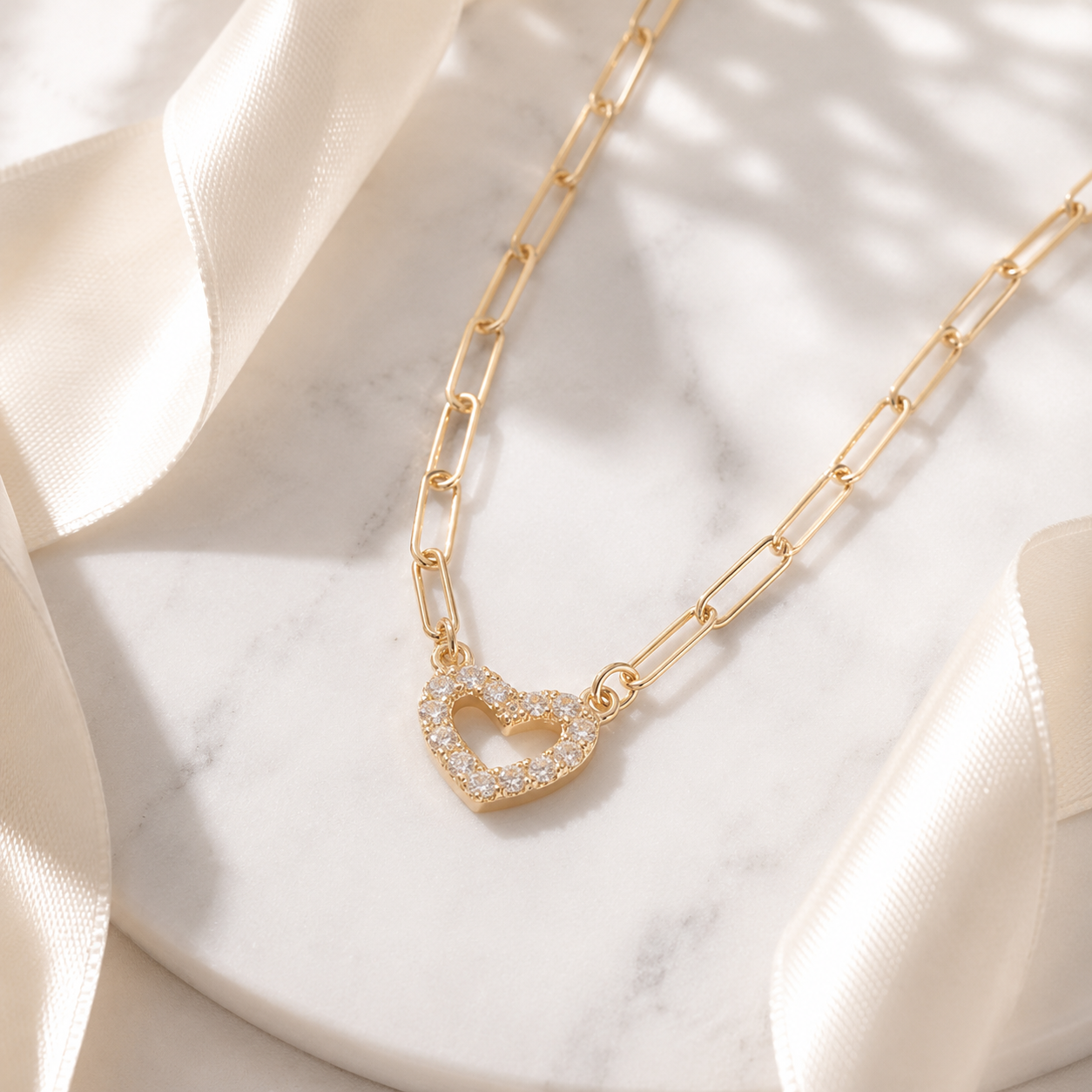 Heart Paperclip Necklace – 18K Gold, Paved CZ Charm, Waterproof