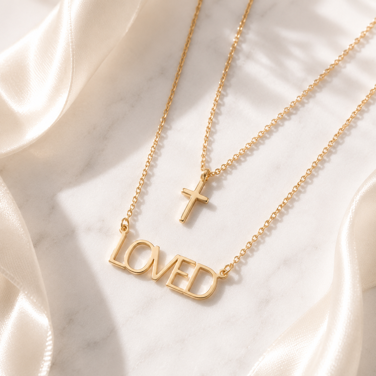 Layered Cross & Love Necklace – 18K Gold, Faith Jewelry