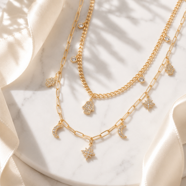 Evil Eye Hamsa Necklace – 18K Gold, Layered, Waterproof